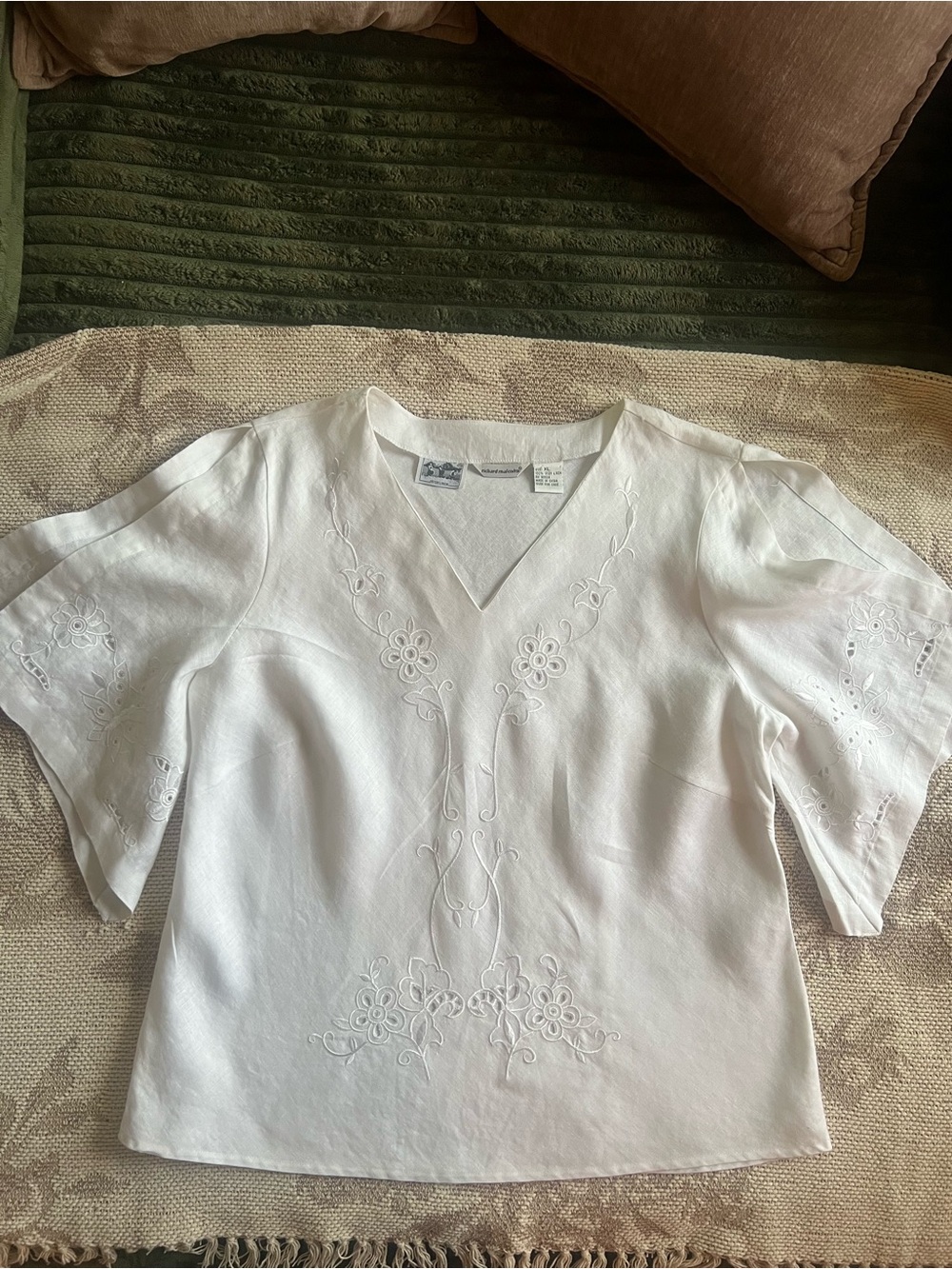 Irish Linen Embroidered Blouse XL White - Picture 8 of 9